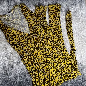 Yellow Leopard Print Jumpsuit W/ Tie Belt